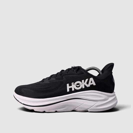 Hoka Clifton 10 Black/White, buty sportowe męskie w bardzo dobrym stanie rozmiar 43 1/3, boczny profil, lewa strona