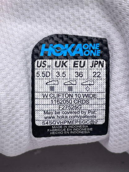 Hoka Clifton 10 Wide, buty sportowe damskie w bardzo dobrym stanie rozmiar 36, etykieta z kodem modelu 1162050CRDS