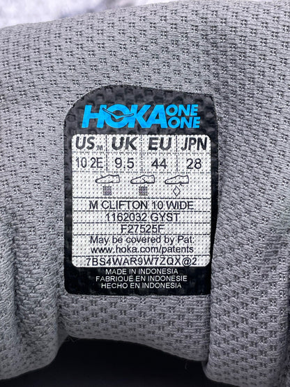 Hoka Clifton 10 Wide, buty sportowe męskie w bardzo dobrym stanie rozmiar 44, etykieta z kodem modelu 1162032GYST